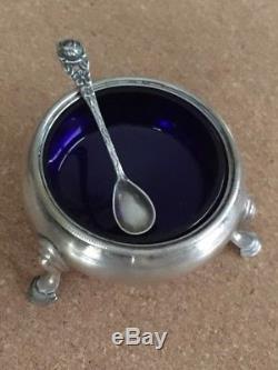 Vintage Pair Sterling Silver Salt Cellars with Cobalt Blue Glass Liners & Spoons