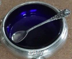 Vintage Pair Sterling Silver Salt Cellars with Cobalt Blue Glass Liners & Spoons