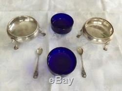 Vintage Pair Sterling Silver Salt Cellars with Cobalt Blue Glass Liners & Spoons