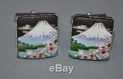Vintage Pair Toshikane Silver Porcelain Cufflinks Mount Fuji Flowers Japan
