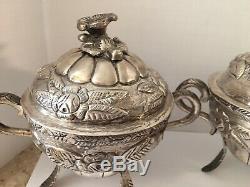 Vintage Pair VIGUERAS Mexico Sterling Repousse Compote & Floral Lid Approx 44oz