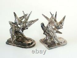 Vintage Pair c. 1930's Bird Swallow Bookends Chrome or Silverplate K & O