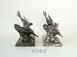 Vintage Pair c. 1930's Bird Swallow Bookends Chrome or Silverplate K & O