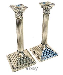 Vintage Pair of 12 Silverplate Corinthian Column Candle Holders Candlesticks