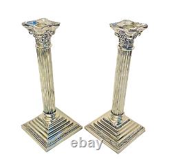 Vintage Pair of 12 Silverplate Corinthian Column Candle Holders Candlesticks