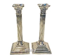 Vintage Pair of 12 Silverplate Corinthian Column Candle Holders Candlesticks