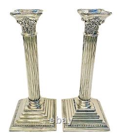 Vintage Pair of 12 Silverplate Corinthian Column Candle Holders Candlesticks