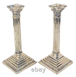 Vintage Pair of 12 Silverplate Corinthian Column Candle Holders Candlesticks