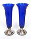 Vintage Pair Of 2 Cobalt Blue 10.25 Vases Sterling Silver Weighted 427 American