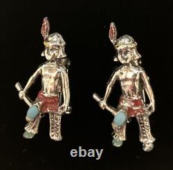 Vintage Pair of American Indian Scatter Pins Enamel & Turquoise Gemstones 1950s