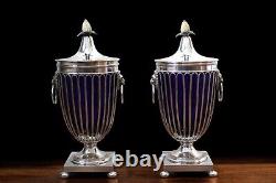Vintage Pair of Cobalt Blue Glass Urns with Silver Plated Frames and Lion Handle