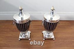 Vintage Pair of Cobalt Blue Glass Urns with Silver Plated Frames and Lion Handle