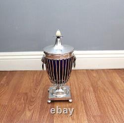 Vintage Pair of Cobalt Blue Glass Urns with Silver Plated Frames and Lion Handle