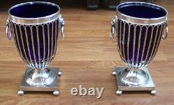 Vintage Pair of Cobalt Blue Glass Urns with Silver Plated Frames and Lion Handle