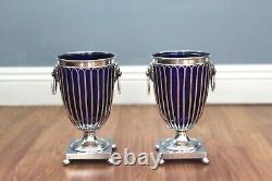 Vintage Pair of Cobalt Blue Glass Urns with Silver Plated Frames and Lion Handle