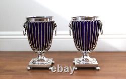 Vintage Pair of Cobalt Blue Glass Urns with Silver Plated Frames and Lion Handle