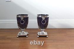 Vintage Pair of Cobalt Blue Glass Urns with Silver Plated Frames and Lion Handle