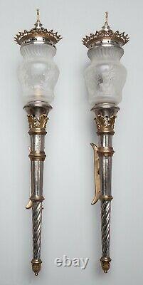 Vintage Pair of Continental Brass Silvered Glass Torcheres Sconce circa 1880