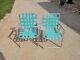 Vintage Pair Of Green White & Silver Webbed Aluminum Folding Patio Lawn Chairs