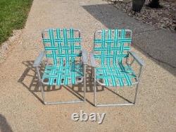 Vintage Pair of Green White & Silver Webbed Aluminum Folding Patio Lawn Chairs