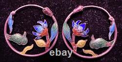 Vintage Pair of Hoop Earrings Silver and Enamel 1-5/16 Dia Lotus Garden
