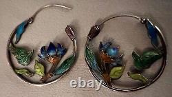 Vintage Pair of Hoop Earrings Silver and Enamel 1-5/16 Dia Lotus Garden