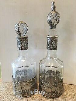 Vintage Pair of Italian Possibly German Silver & Etched Glass Decanters