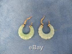 Vintage Pair of Jade Hoop Earrings with Gold Wash Sterling Silver A925 Hooks