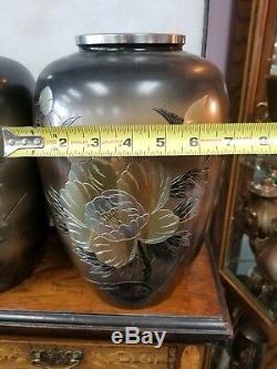 Vintage Pair of Japanese Mixed Metal Gold Silver Bronze Carved Etched Vases