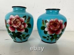Vintage Pair of Japanese Silver Mounted Cloisonné Vases with Rose Decorations