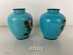 Vintage Pair of Japanese Silver Mounted Cloisonné Vases with Rose Decorations