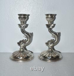 Vintage Pair of Koi Fish Dolphin Candlestick Holder 6.915 Silver Spain