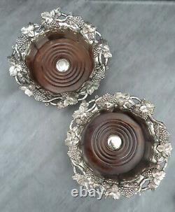 Vintage Pair of Large Wine Bottle Coasters Silver Plated Wooden Vine Leaf Trim