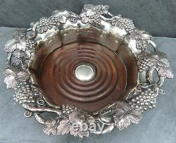 Vintage Pair of Large Wine Bottle Coasters Silver Plated Wooden Vine Leaf Trim