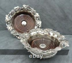 Vintage Pair of Large Wine Bottle Coasters Silver Plated Wooden Vine Leaf Trim