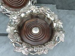 Vintage Pair of Large Wine Bottle Coasters Silver Plated Wooden Vine Leaf Trim