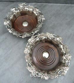 Vintage Pair of Large Wine Bottle Coasters Silver Plated Wooden Vine Leaf Trim