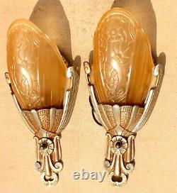 Vintage Pair of Lincoln Art Deco 1920s Slip Shade Wall Sconce Lights Rewired