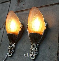 Vintage Pair of Lincoln Art Deco 1920s Slip Shade Wall Sconce Lights Rewired