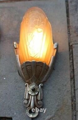 Vintage Pair of Lincoln Art Deco 1920s Slip Shade Wall Sconce Lights Rewired