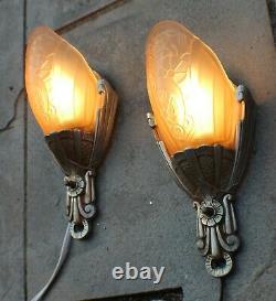 Vintage Pair of Lincoln Art Deco 1920s Slip Shade Wall Sconce Lights Rewired