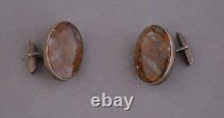 Vintage Pair of Navajo Sterling Silver Cufflinks Petrified Wood Stones 1 1/8