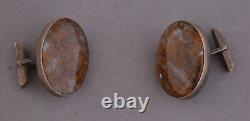 Vintage Pair of Navajo Sterling Silver Cufflinks Petrified Wood Stones 1 1/8