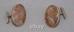 Vintage Pair of Navajo Sterling Silver Cufflinks Petrified Wood Stones 1 1/8