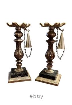 Vintage Pair of Ornate Marble Based Silver Tone Candlesticks & Attached Snuffers