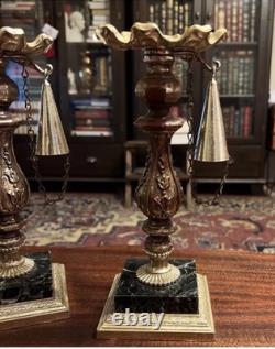 Vintage Pair of Ornate Marble Based Silver Tone Candlesticks & Attached Snuffers