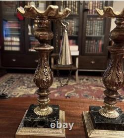 Vintage Pair of Ornate Marble Based Silver Tone Candlesticks & Attached Snuffers