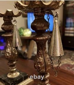 Vintage Pair of Ornate Marble Based Silver Tone Candlesticks & Attached Snuffers