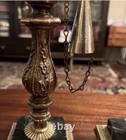 Vintage Pair of Ornate Marble Based Silver Tone Candlesticks & Attached Snuffers
