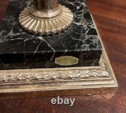 Vintage Pair of Ornate Marble Based Silver Tone Candlesticks & Attached Snuffers
